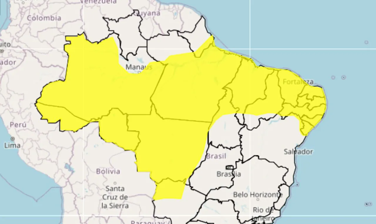 o mapa mostra as &aacute;reas em alerta para chuva intensa e ventos fortes